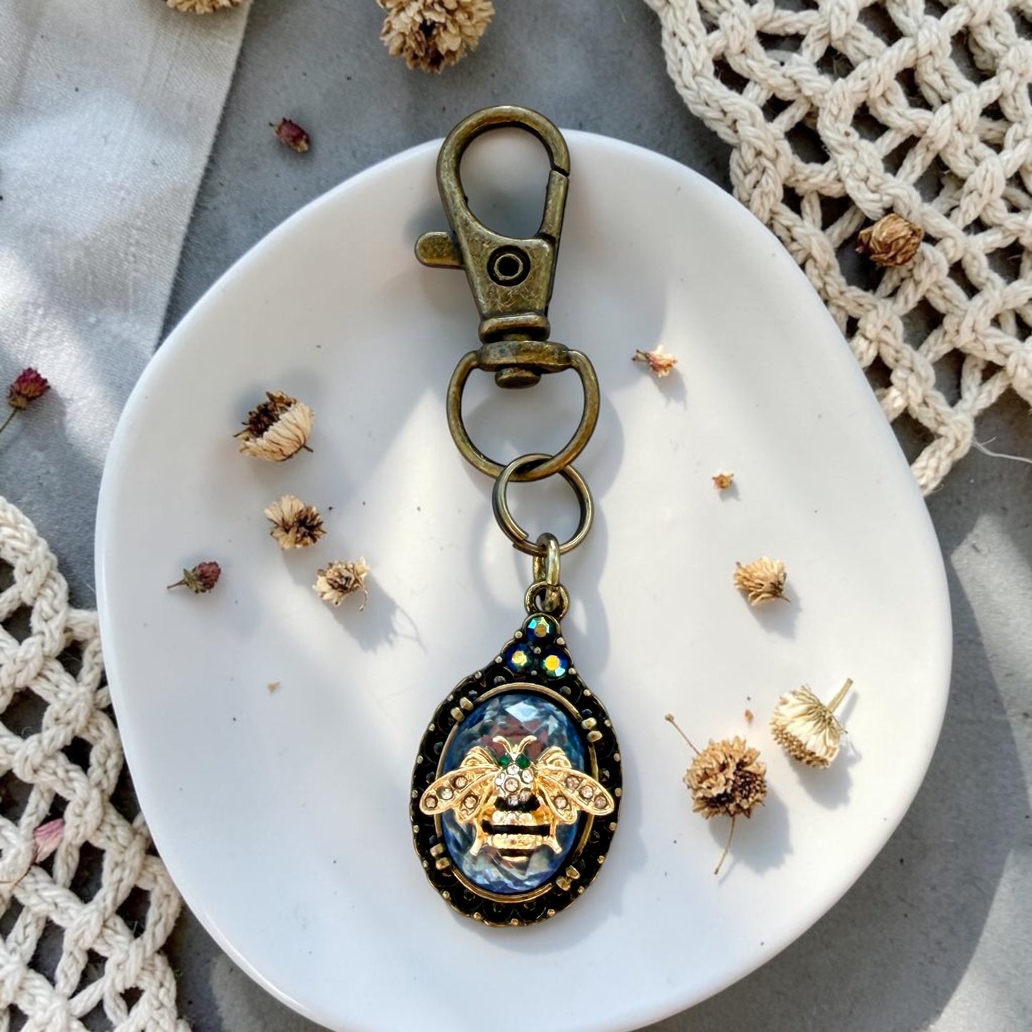Bee Purse Charm – Blue Rhinestone Bee Keychain Charm