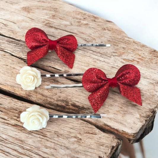 Red Bows & Cream Rose Hair Pins - Set of 4 Hair Accessories