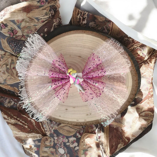 Pink Glitter Tulle Hair Bow with Gymnast - Sporty Hair Accessory