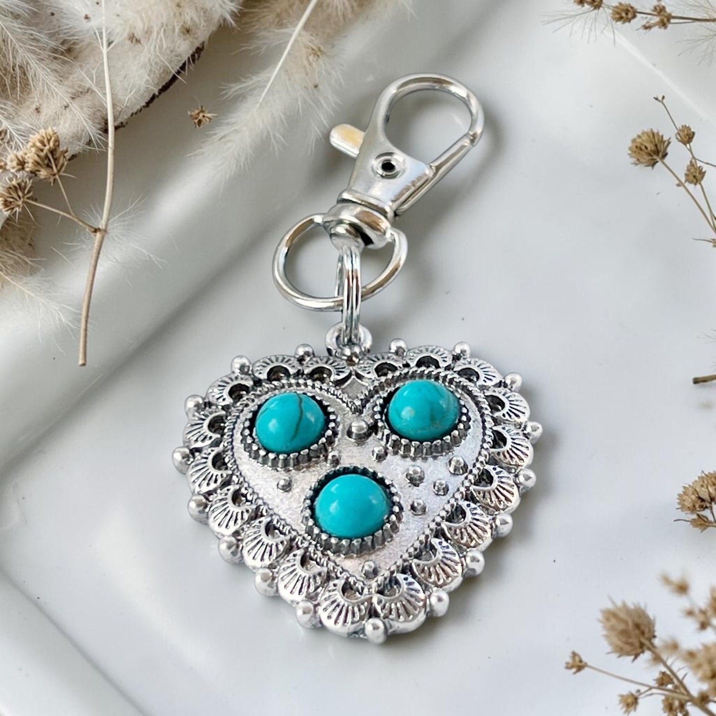 Turquoise Heart Purse Charm – Western Silver Bag Accessory