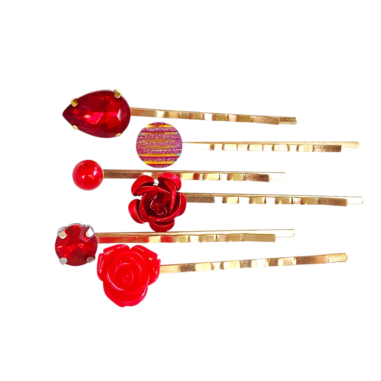 Red Hair Pins Set of 6 – Gold Rhinestone Bobby Pins