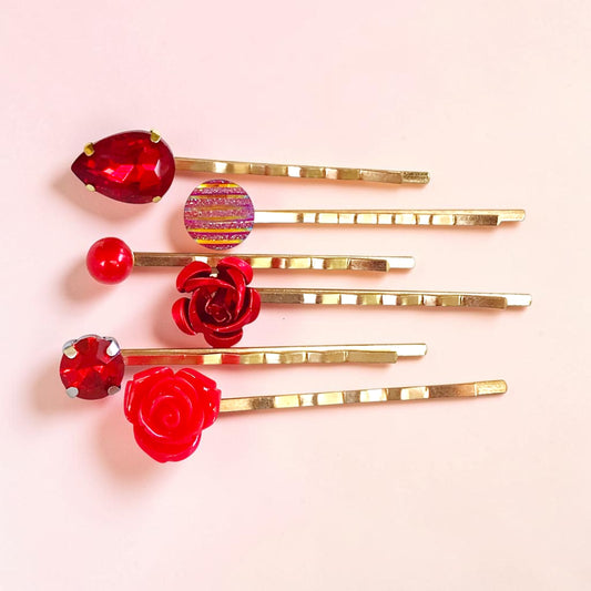 Red Hair Pins Set of 6 – Gold Rhinestone Bobby Pins
