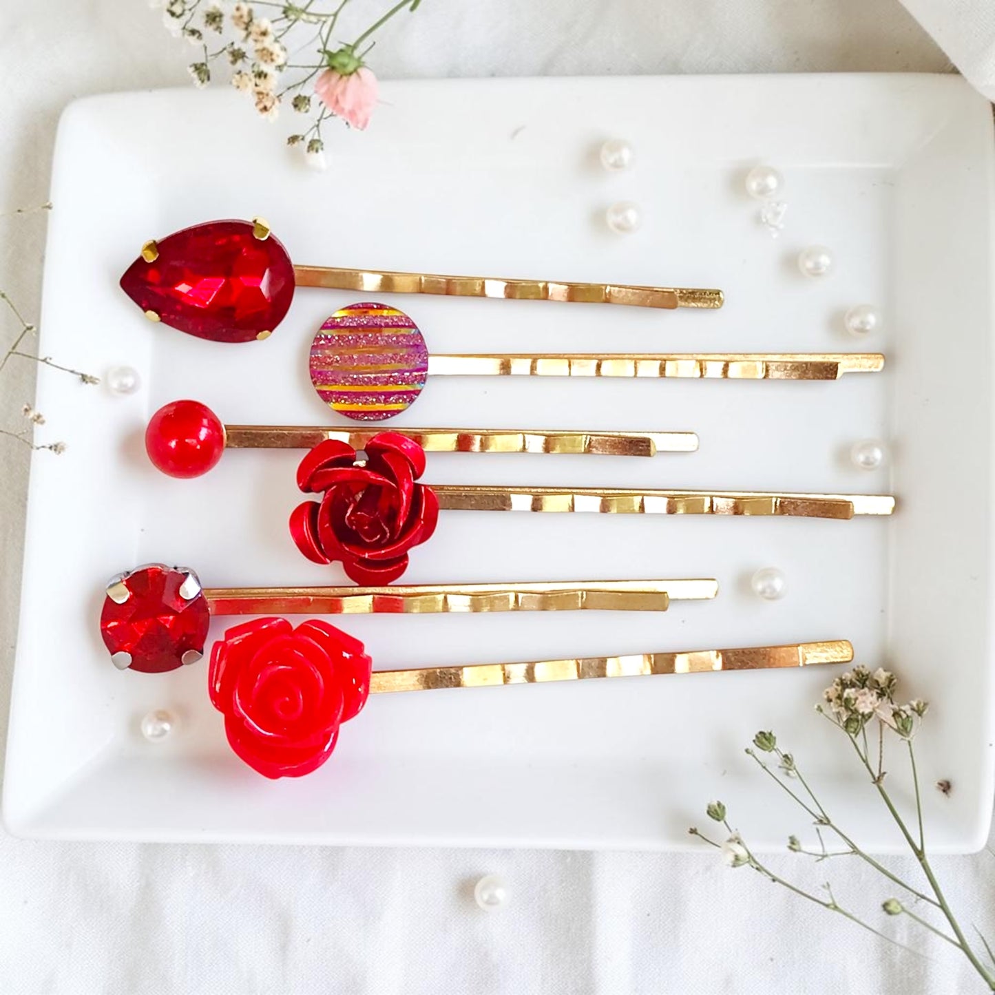 Red Hair Pins Set of 6 – Gold Rhinestone Bobby Pins
