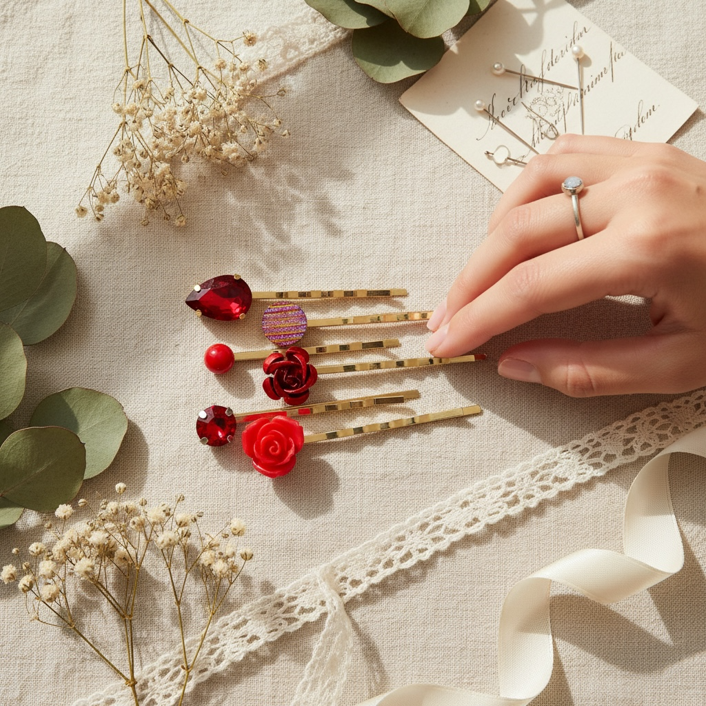 Red Hair Pins Set of 6 – Gold Rhinestone Bobby Pins