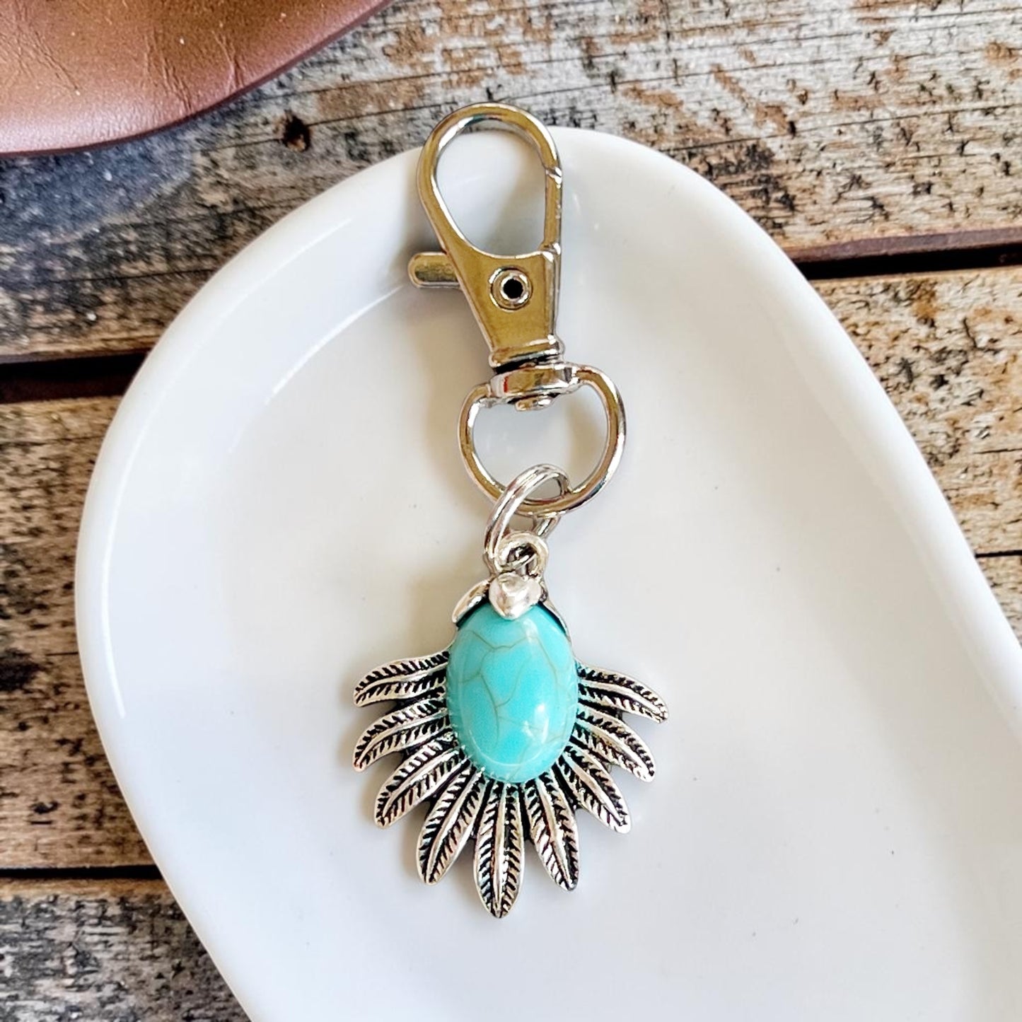 Turquoise Feather Purse Charm – Western Silver Bag Accessory