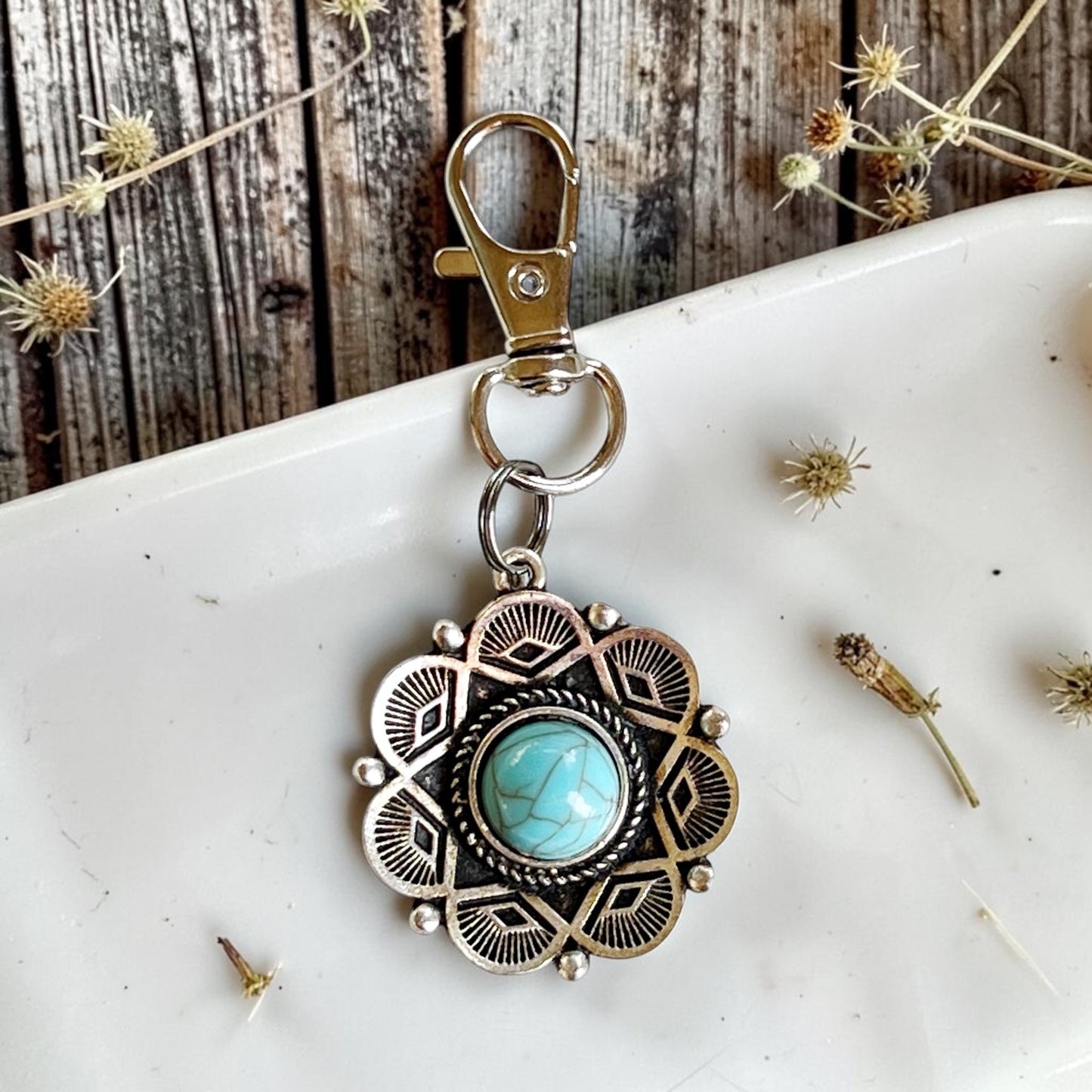 Turquoise Western Medallion Purse Charm – Silver Bag Accessory