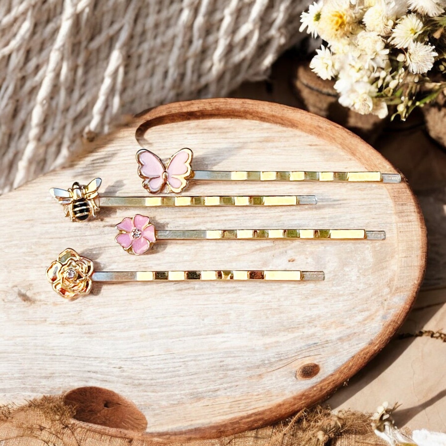 Floral & Butterfly Hair Pin Set – Gold Nature-Inspired Hair Clips