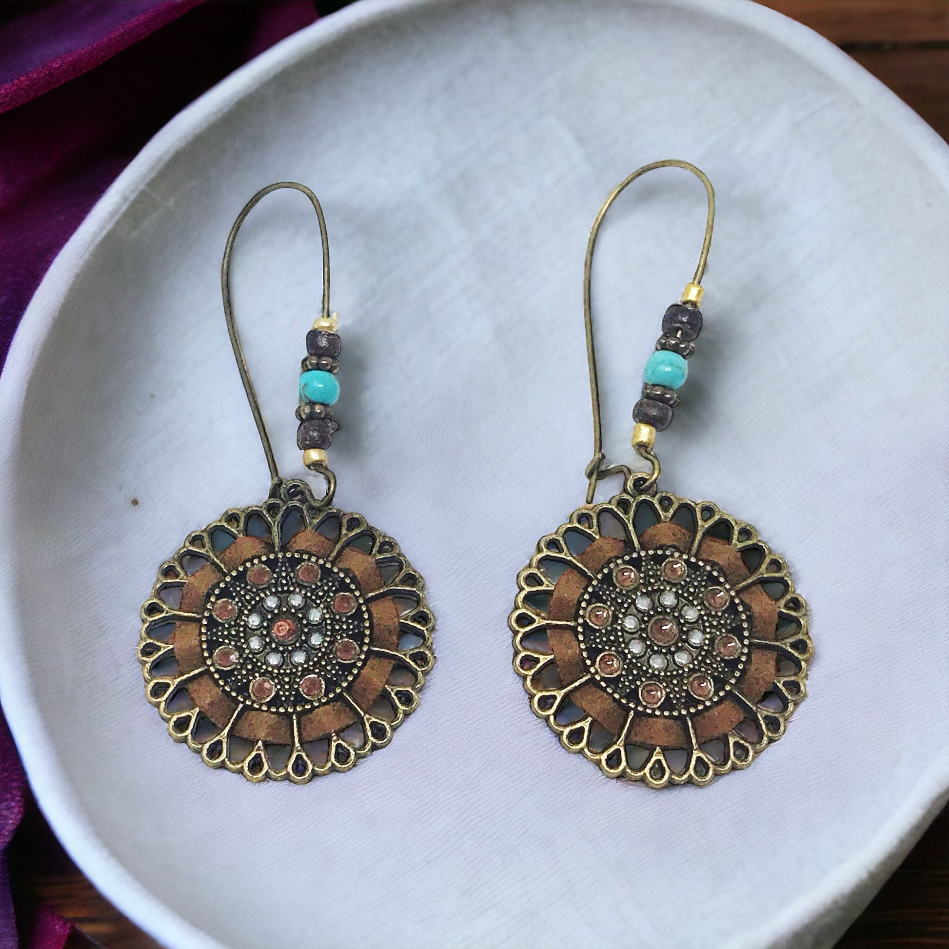 Boho Floral Filigree Earrings – Brass, Bead & Suede Dangle Jewelry