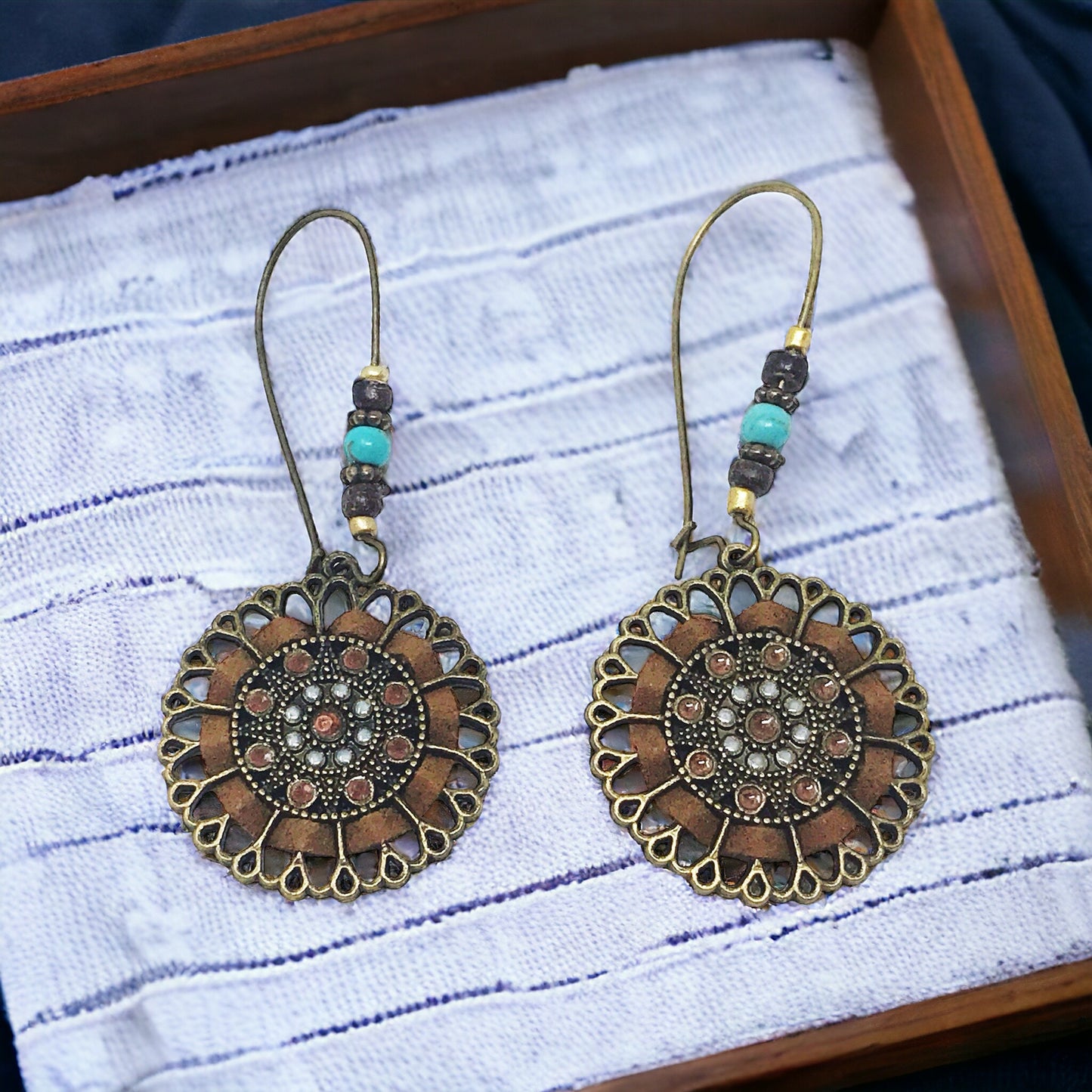 Boho Floral Filigree Earrings – Brass, Bead & Suede Dangle Jewelry