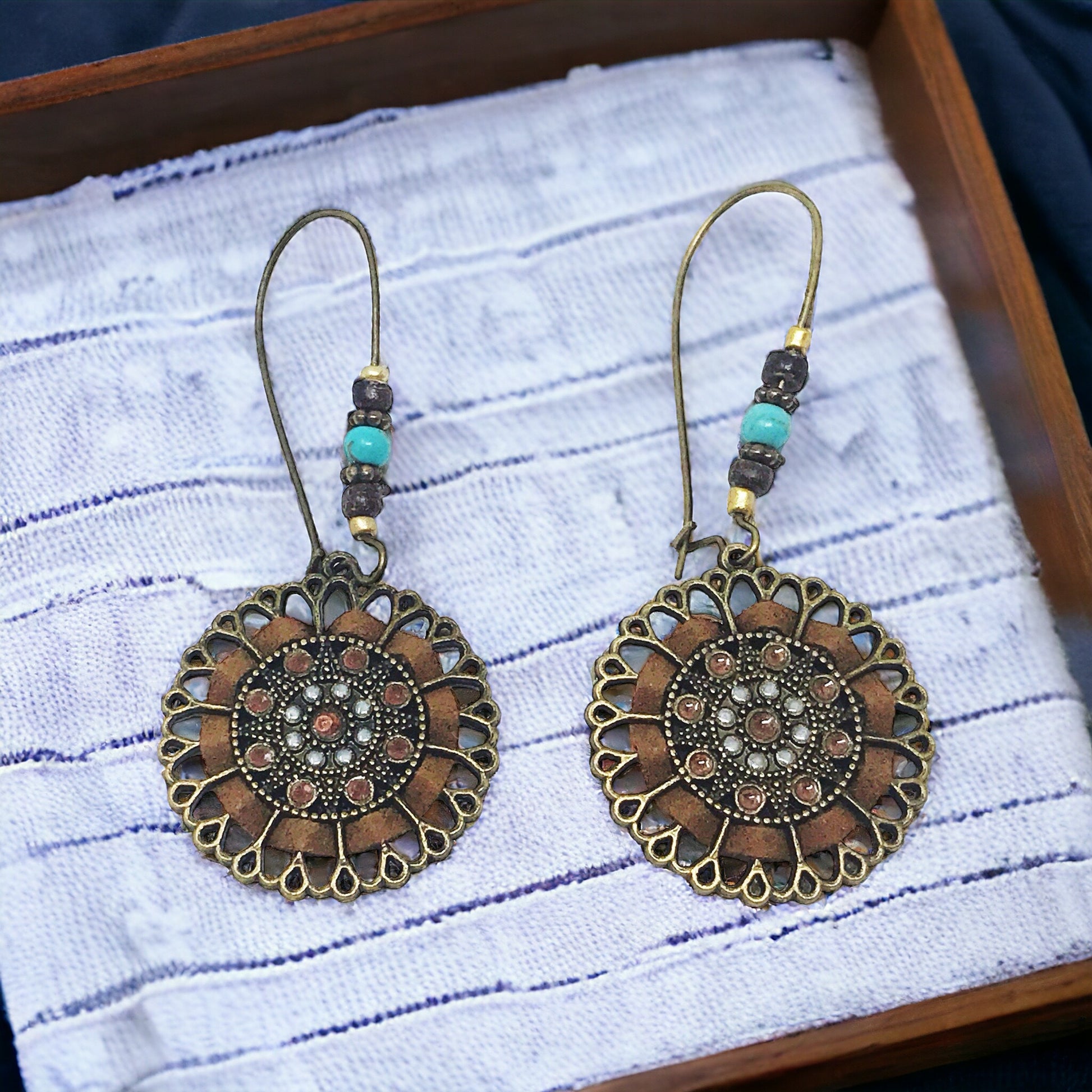 Boho Floral Filigree Earrings – Brass, Bead & Suede Dangle Jewelry