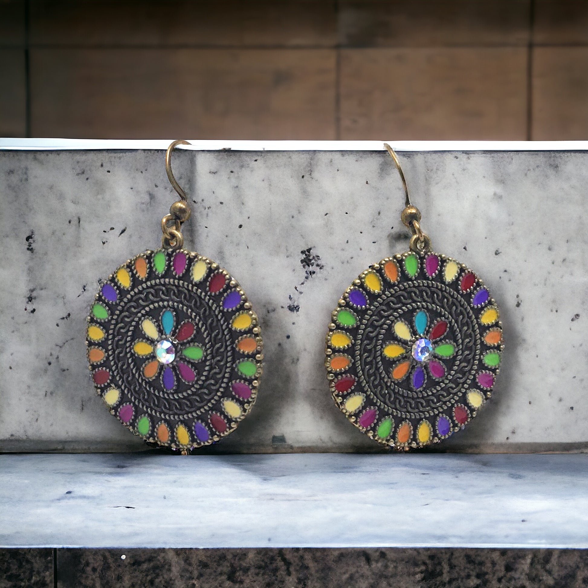 Colorful Floral Enamel Earrings – Boho Chic Bronze Dangle Jewelry