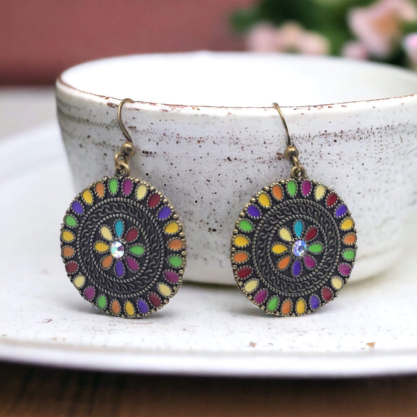 Colorful Round Floral Dangle Earrings with Rhinestone Accents - Stylish & Sparkling Accessories