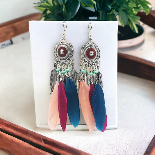 Pink & Blue Feather Dangle Earrings – Boho Chic Medallion Jewelry
