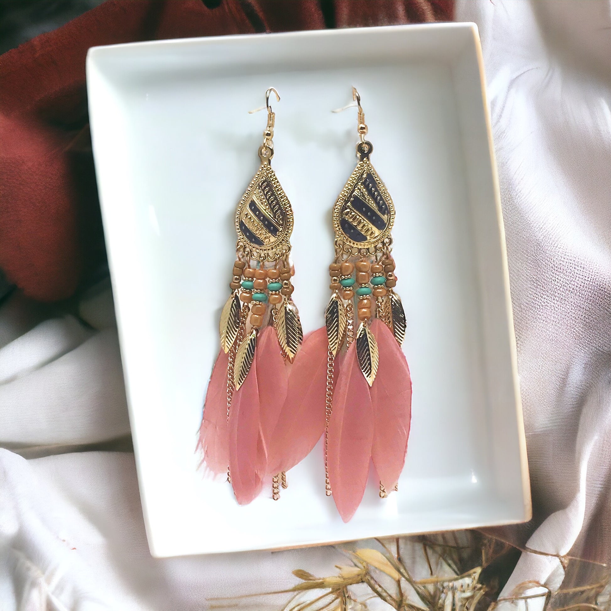 Pink Feather Dangle Earrings – Bohemian Chic Jewelry