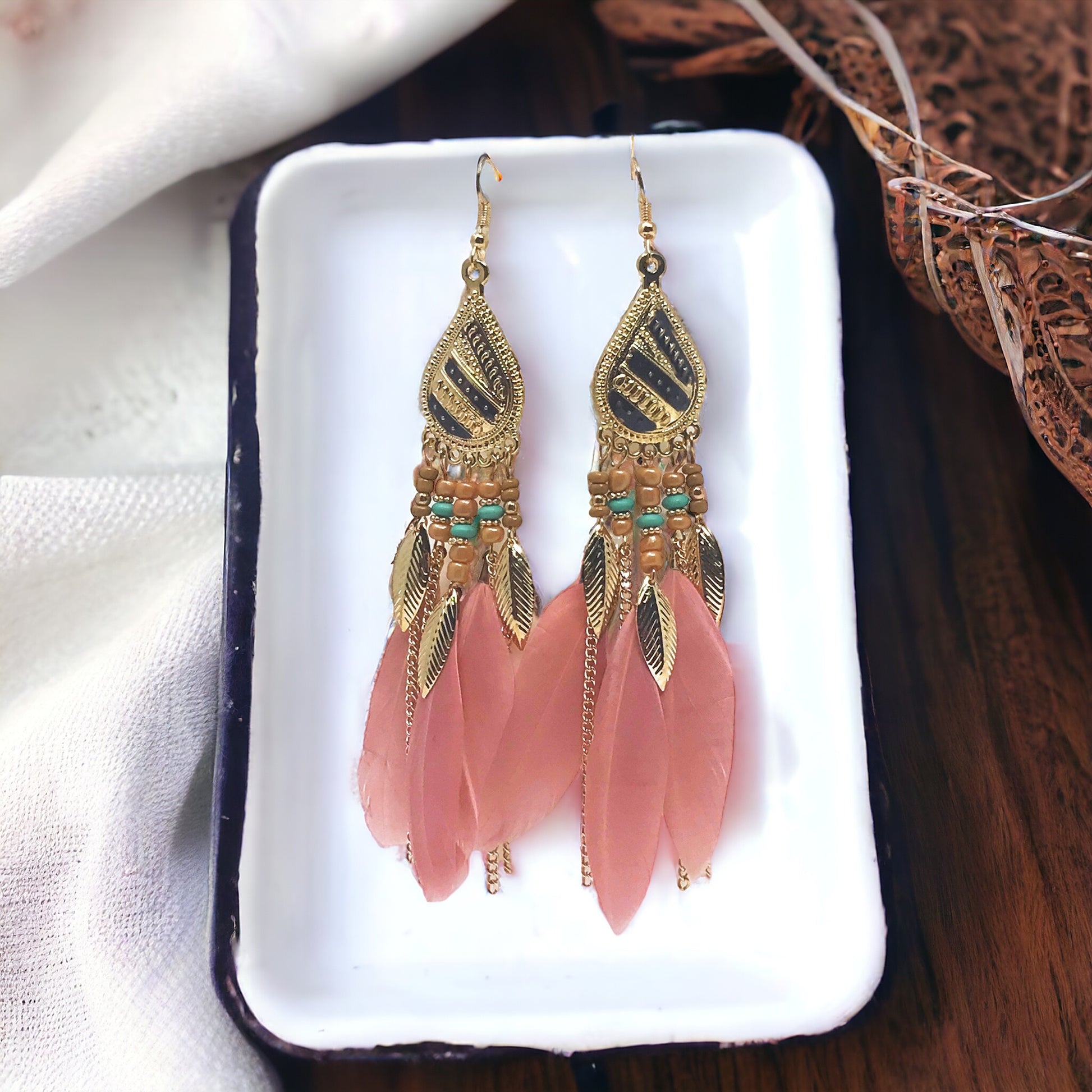Pink Feather Dangle Earrings – Bohemian Chic Jewelry