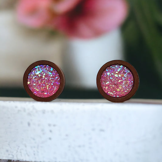 Pink Glitter Druzy Wood Stud Earrings – Handmade Boho Jewelry