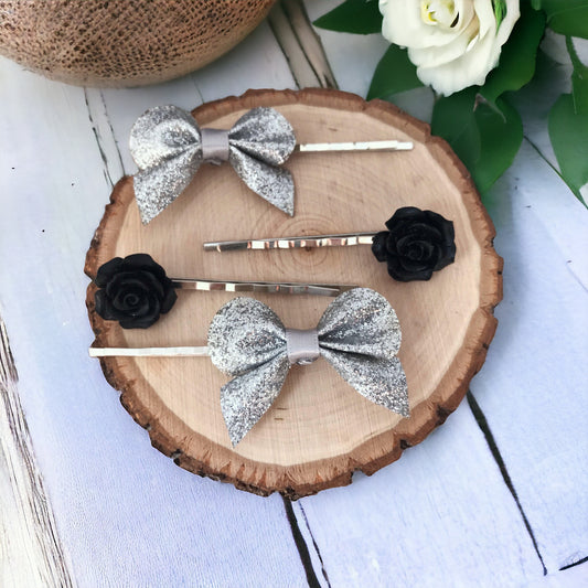 Silver Bow & Black Rose Hair Pin Set: Elegant Accents for Stylish Hairdos