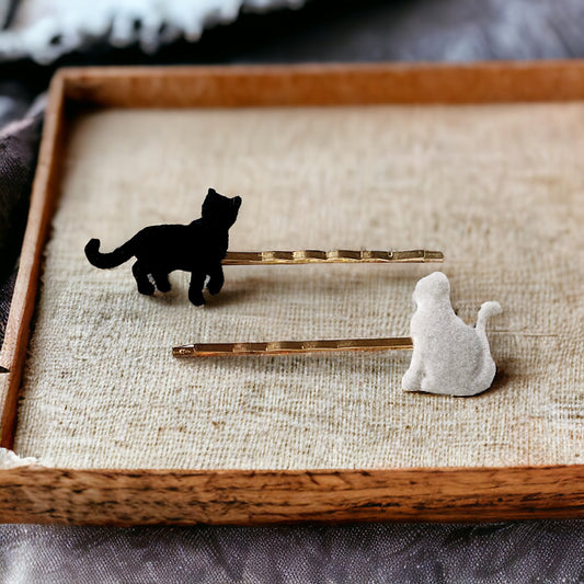 Gray & Black Felted Cat Hair Pins - Quirky Accessories for Feline-Inspired Hairstyles