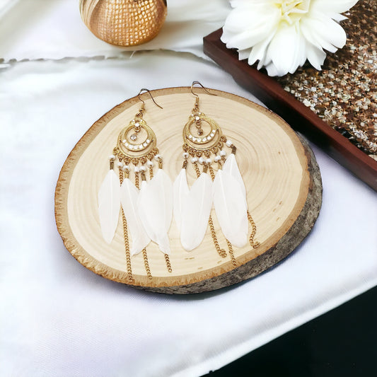 White Feather Dangle Earrings – Boho Chic Chain Jewelry