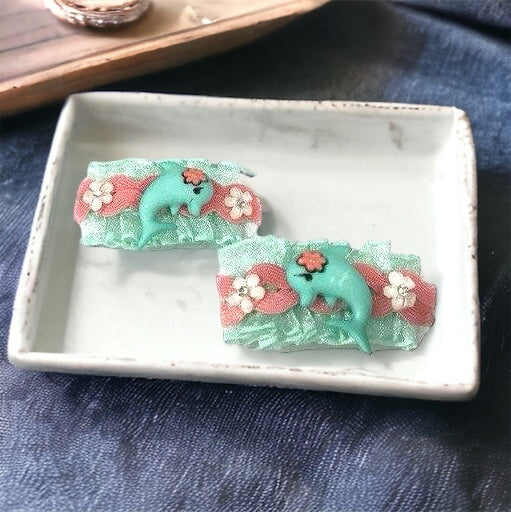 Mint Green & Pink Floral Dolphin Hair Clip Set - Cute & Playful Hair Accessories