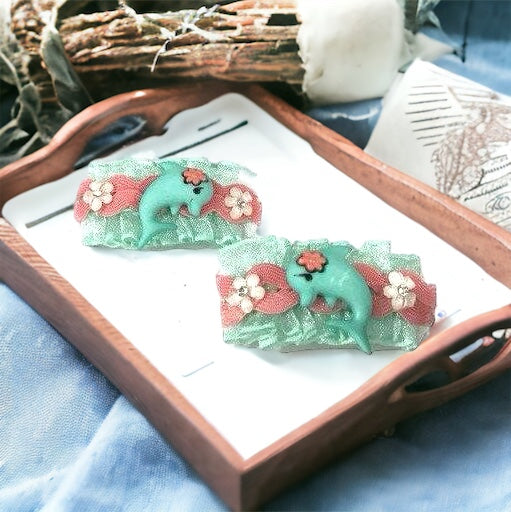 Mint Green & Pink Floral Dolphin Hair Clip Set - Cute & Playful Hair Accessories