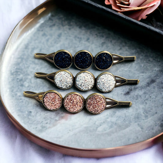 Set of 3 Druzy Hair Pins: Silver, Copper, and Black for Versatile Styling