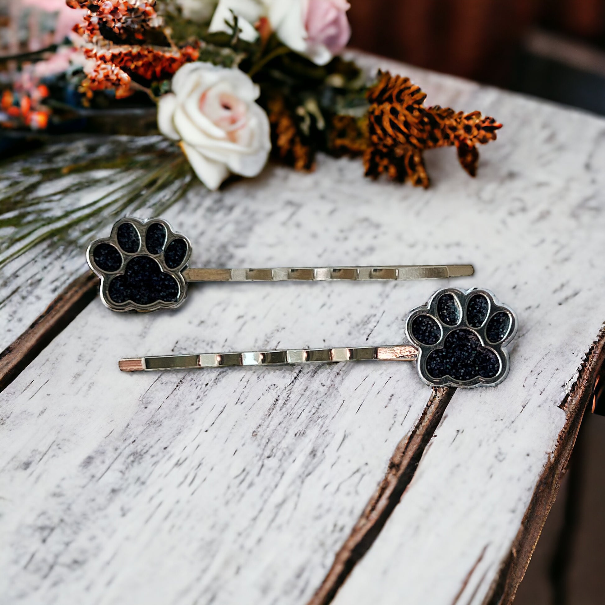 Black Glitter Paw Print Hair Pins - Playful & Stylish Animal-Inspired Accessories