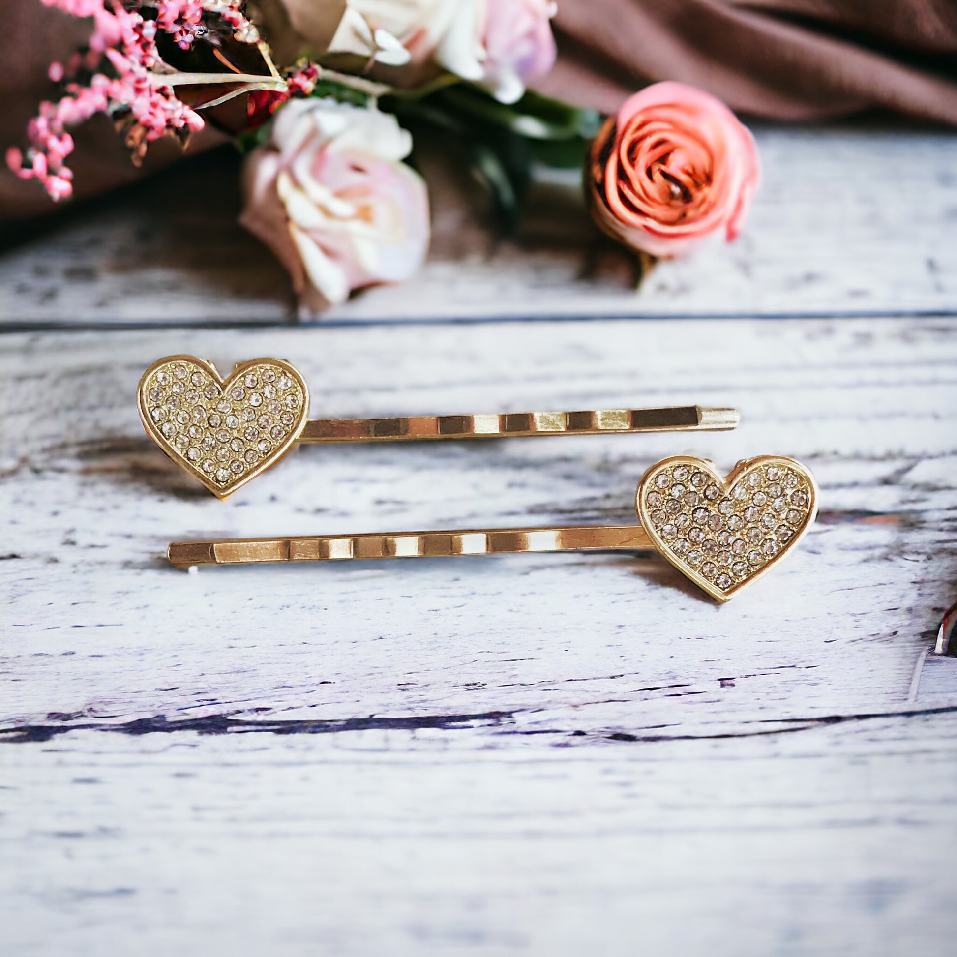 14k Gold-Plated Rhinestone Heart Hair Pin Set - Elegant & Sparkling Accessories