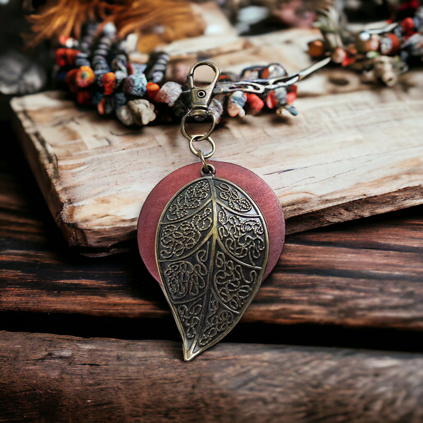 Antiqued Brass Leaf Zipper Pull Keychain & Handbag Charm with Red Wood Accent