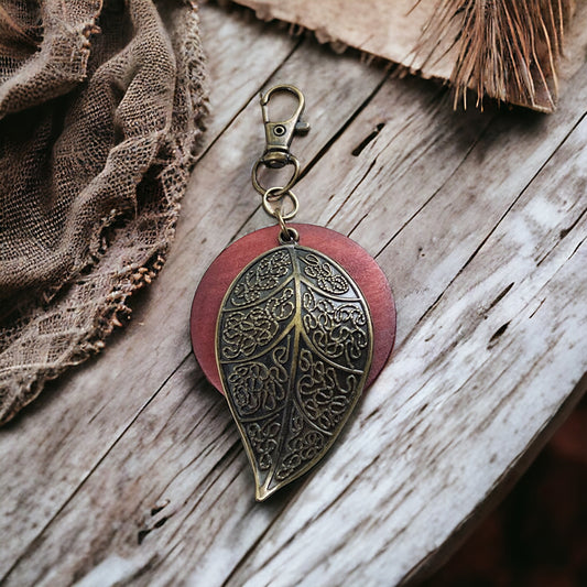 Antiqued Brass Leaf Zipper Pull Keychain & Handbag Charm with Red Wood Accent