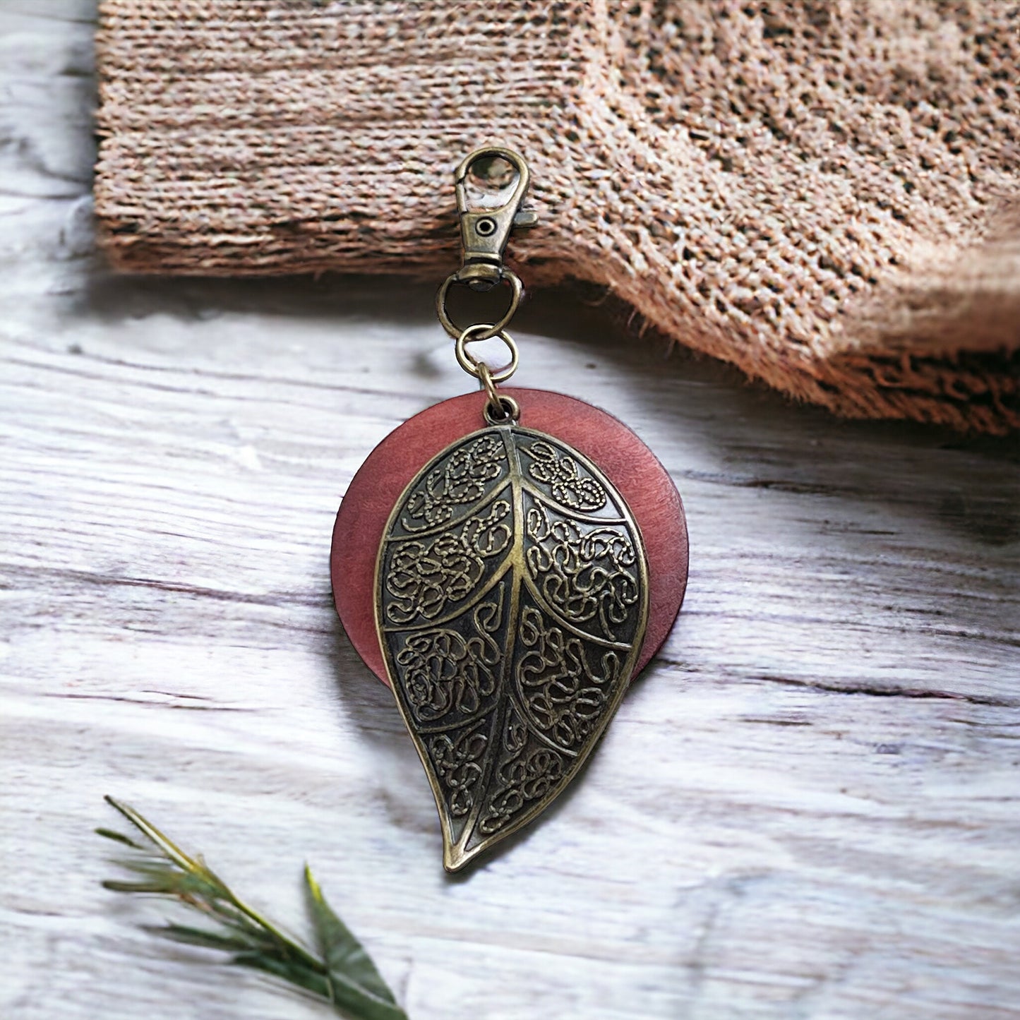 Antiqued Brass Leaf Zipper Pull Keychain & Handbag Charm with Red Wood Accent