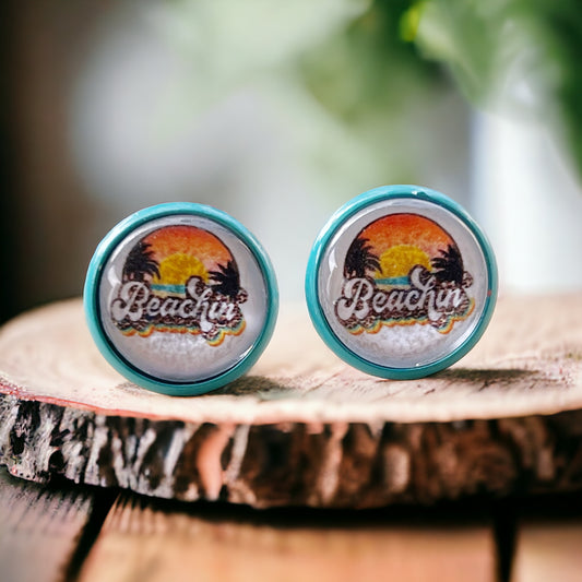 Beachin’ Sunset Stud Earrings – Retro Tropical Summer Jewelry with Teal Trim