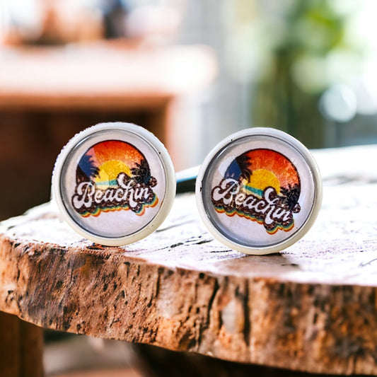 Beachin’ Sunset Stud Earrings – Retro Tropical Summer Jewelry with White Trim