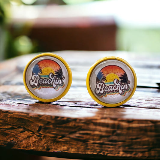 Beachin’ Sunset Stud Earrings – Tropical Retro Summer Jewelry with Yellow