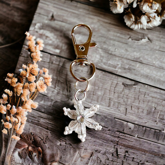 Beaded Snowflake with Rhinestone Zipper Pull Keychain & Handbag Charm - Elegant Winter Accessory