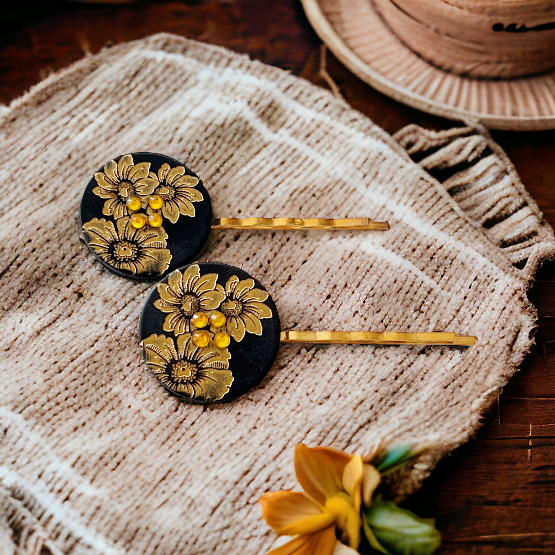 Black & Gold Sunflower Gold Bobby Pin Set- Elegant Floral Hair Accessory