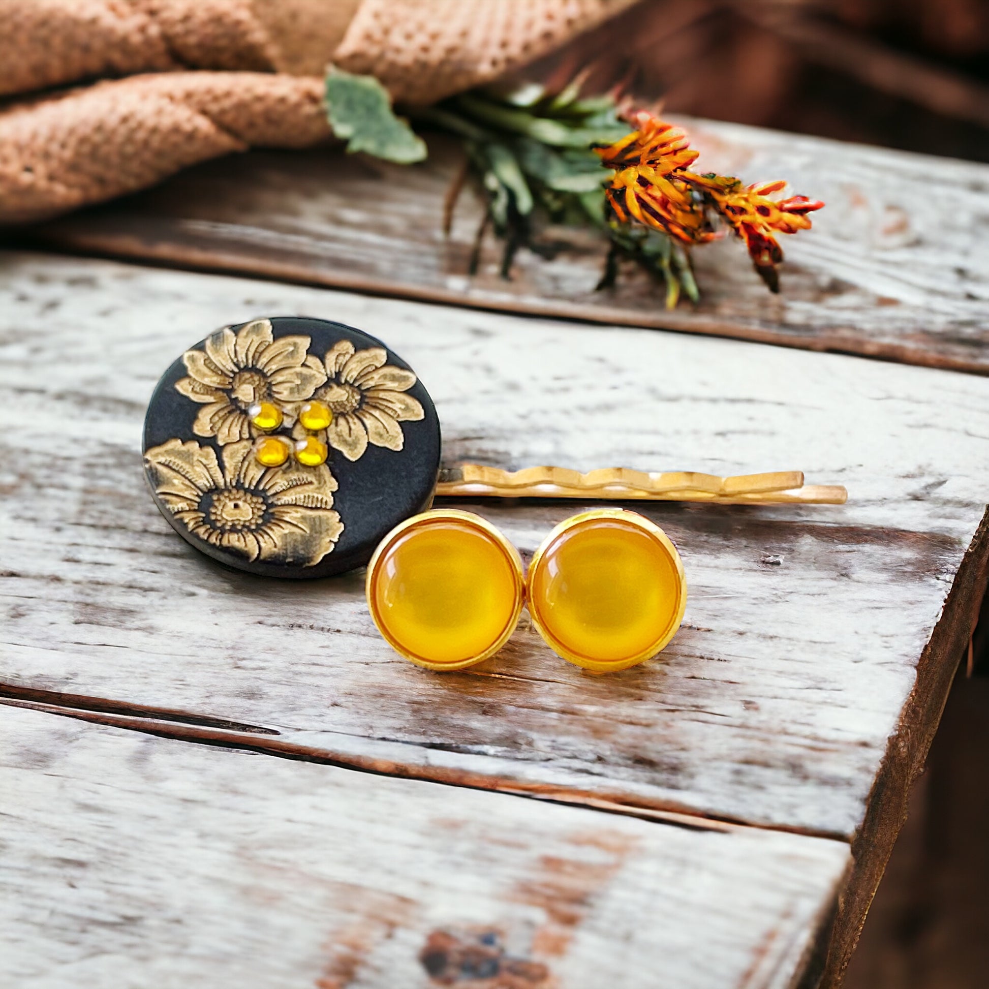 Black & Gold Sunflower Gold Bobby Pin with Matching 12mm Gold Earrings - Stylish Floral Accessories