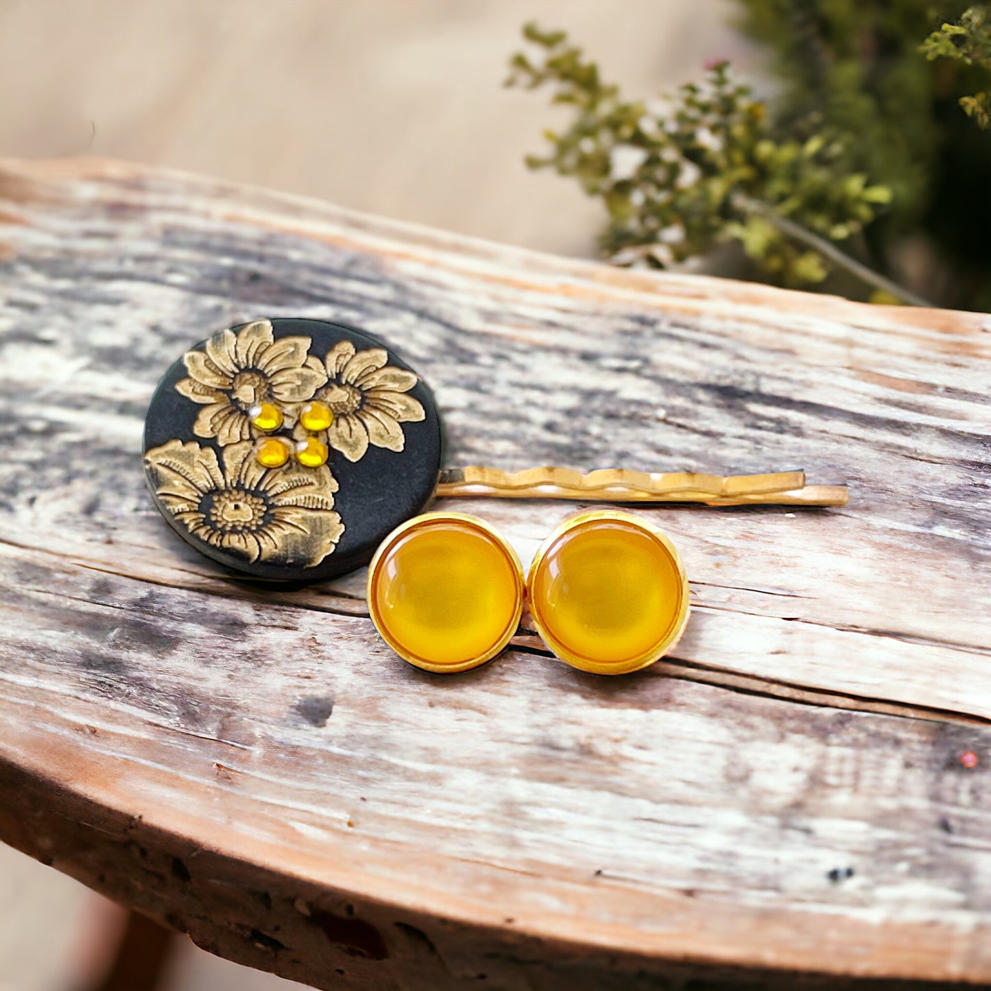 Black & Gold Sunflower Gold Bobby Pin with Matching 12mm Gold Earrings - Stylish Floral Accessories