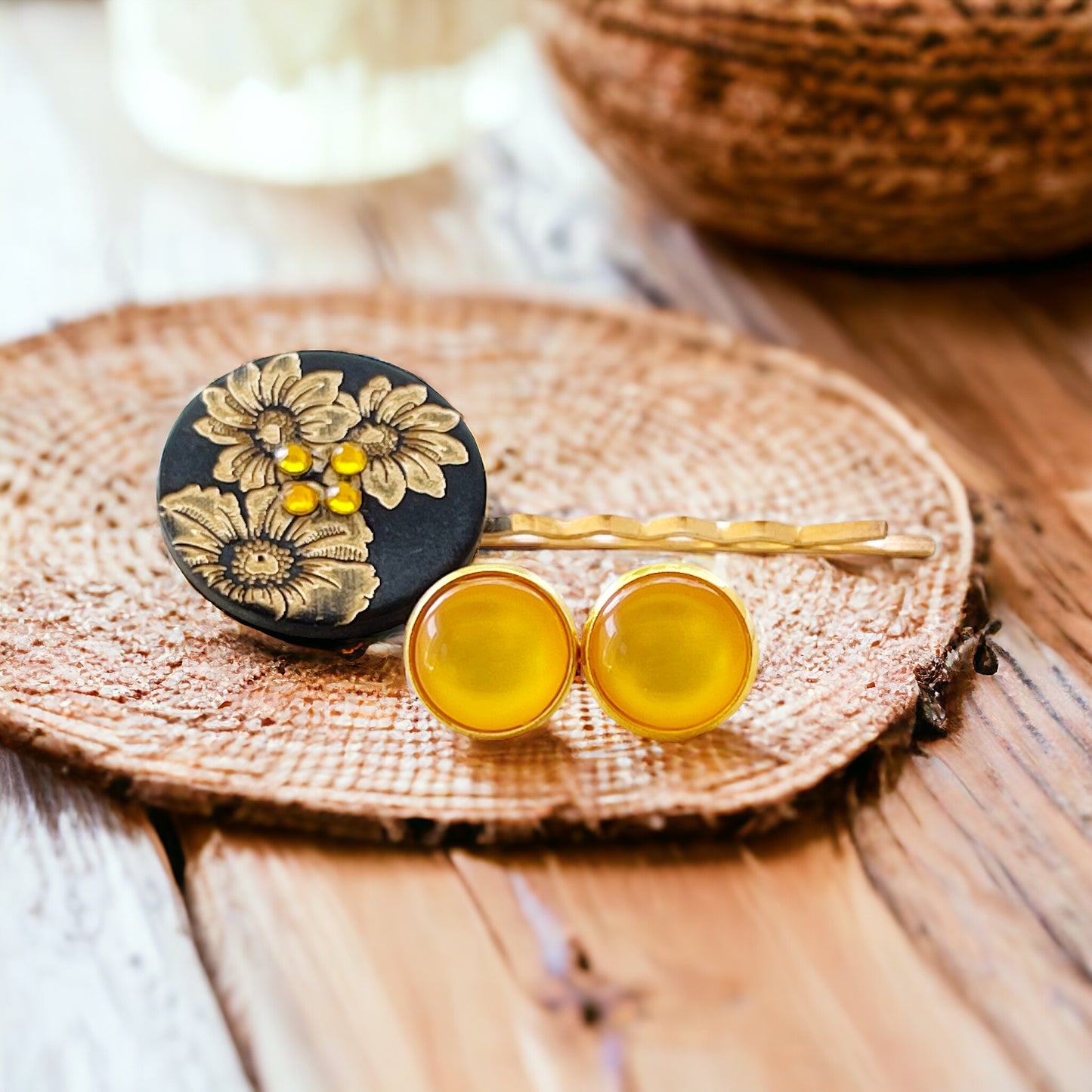 Black & Gold Sunflower Gold Bobby Pin with Matching 12mm Gold Earrings - Stylish Floral Accessories