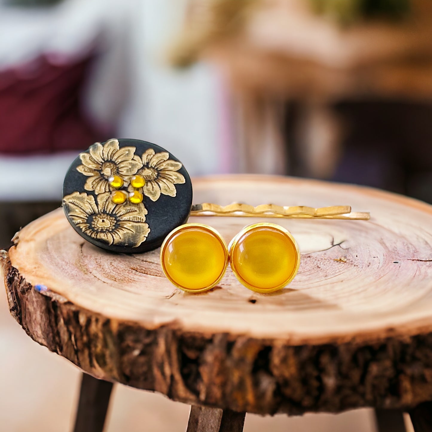 Black & Gold Sunflower Gold Bobby Pin with Matching 12mm Gold Earrings - Stylish Floral Accessories