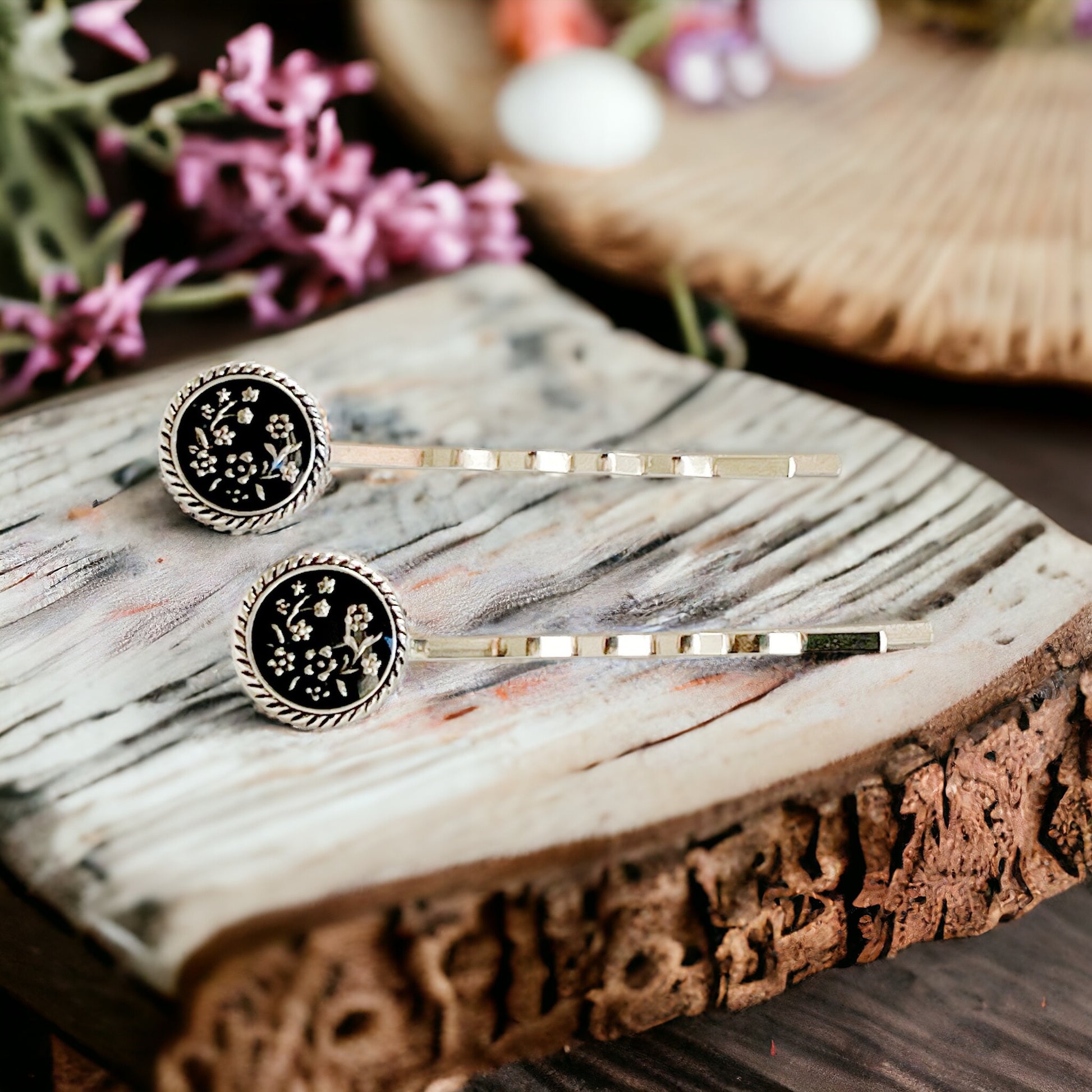 Black & Antiqued Silver Wildflower Hair Pins - Elegant and Versatile Hair Accessories