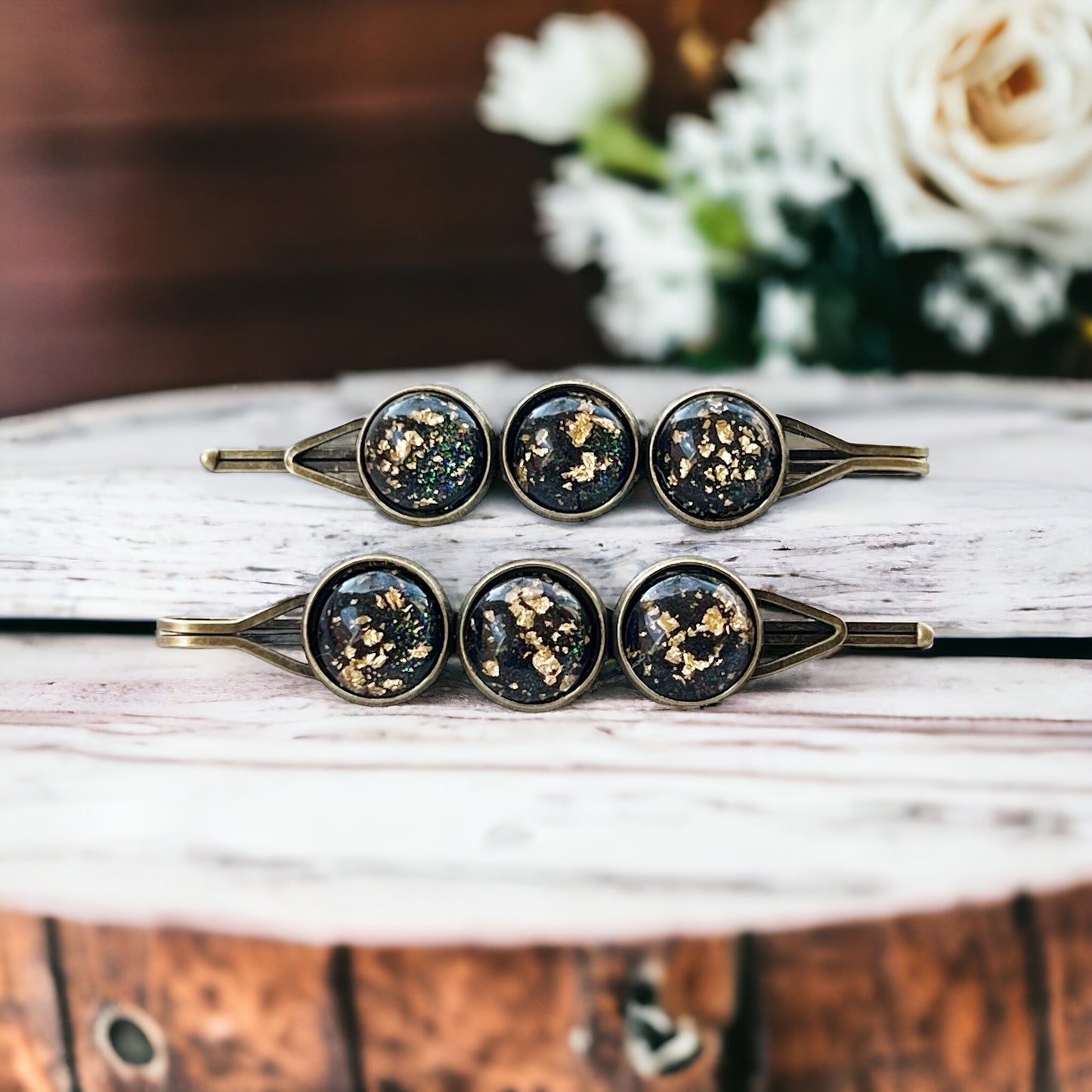 Black & Gold Flake Glitter Hair Pins - Elegant & Sparkling Hair Accessories