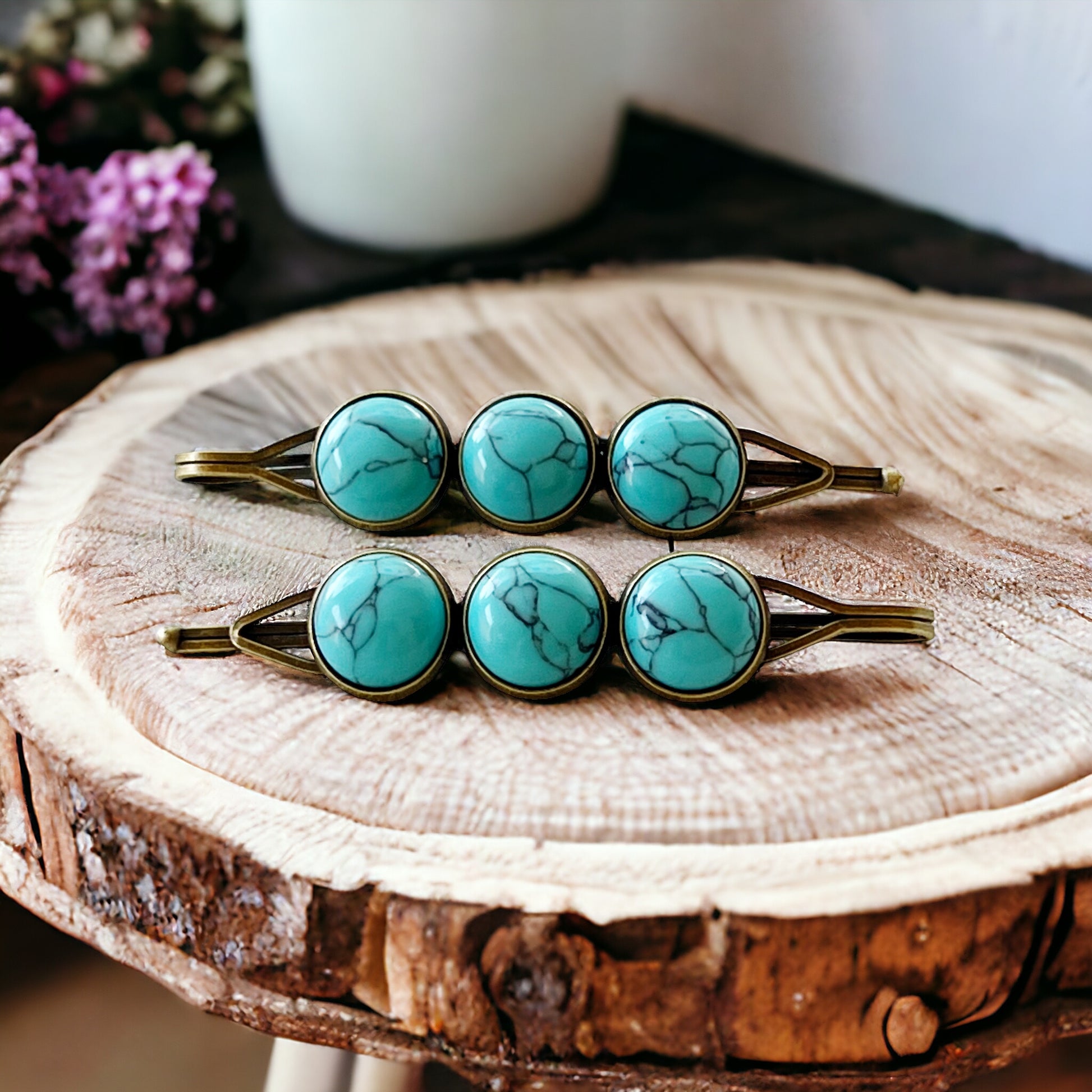 Turquoise Hair Pins - Western Cowgirl Decorative Brass Bobby Pins, Women's Southwestern Hair Accessories