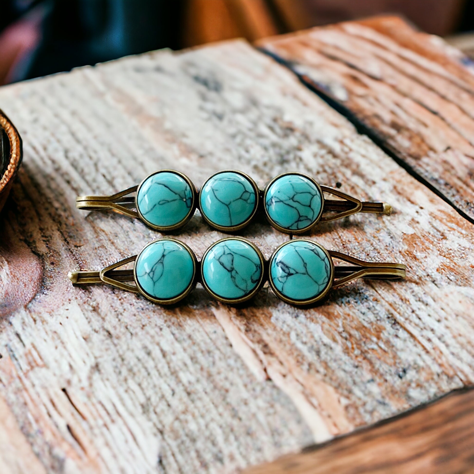 Turquoise Hair Pins - Western Cowgirl Decorative Brass Bobby Pins, Women's Southwestern Hair Accessories