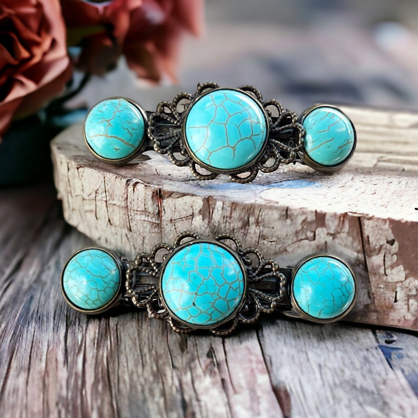Turquoise Stone Hair Barrettes – Vintage-Inspired Boho Hair Clip Set