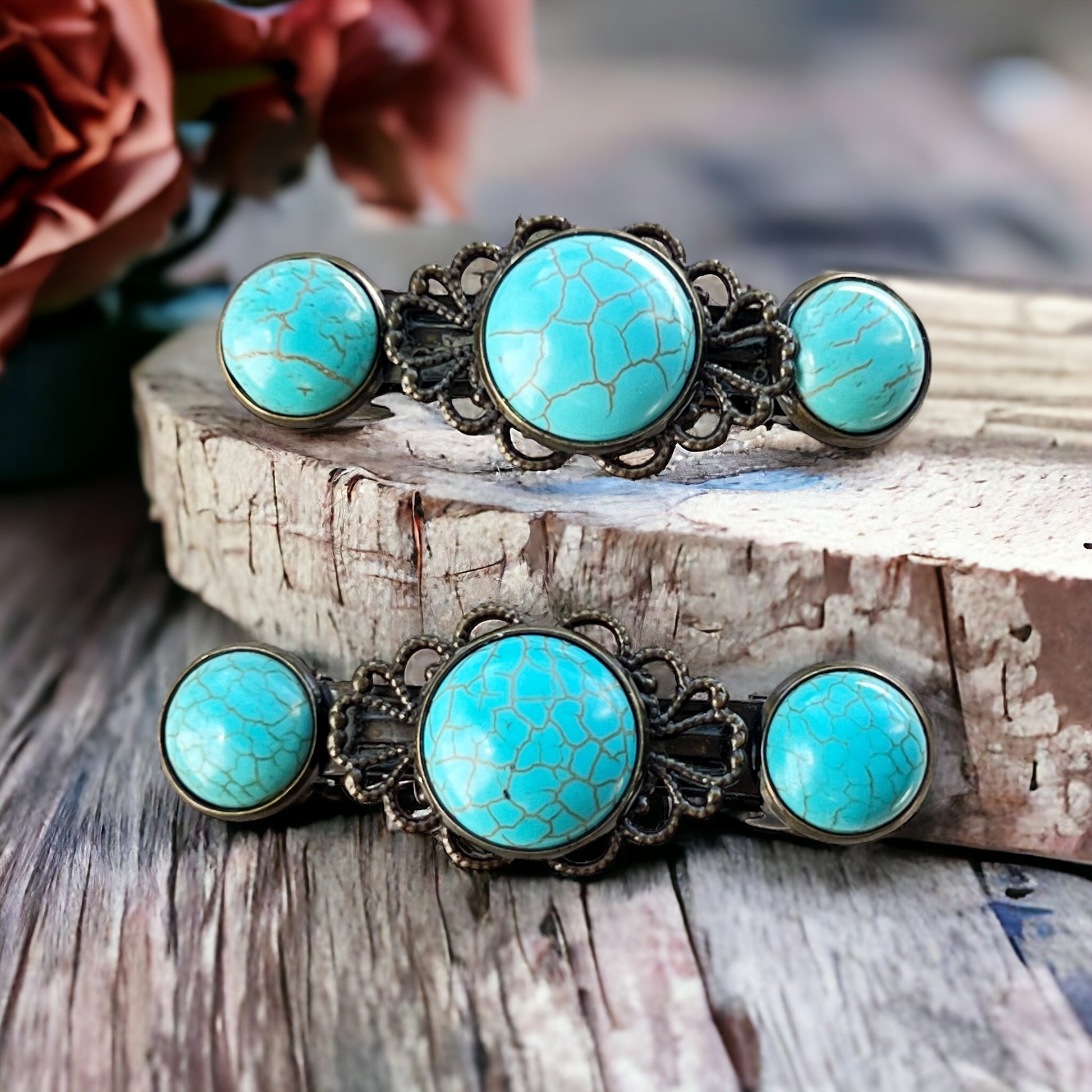 Turquoise Stone Hair Barrettes – Vintage-Inspired Boho Hair Clip Set