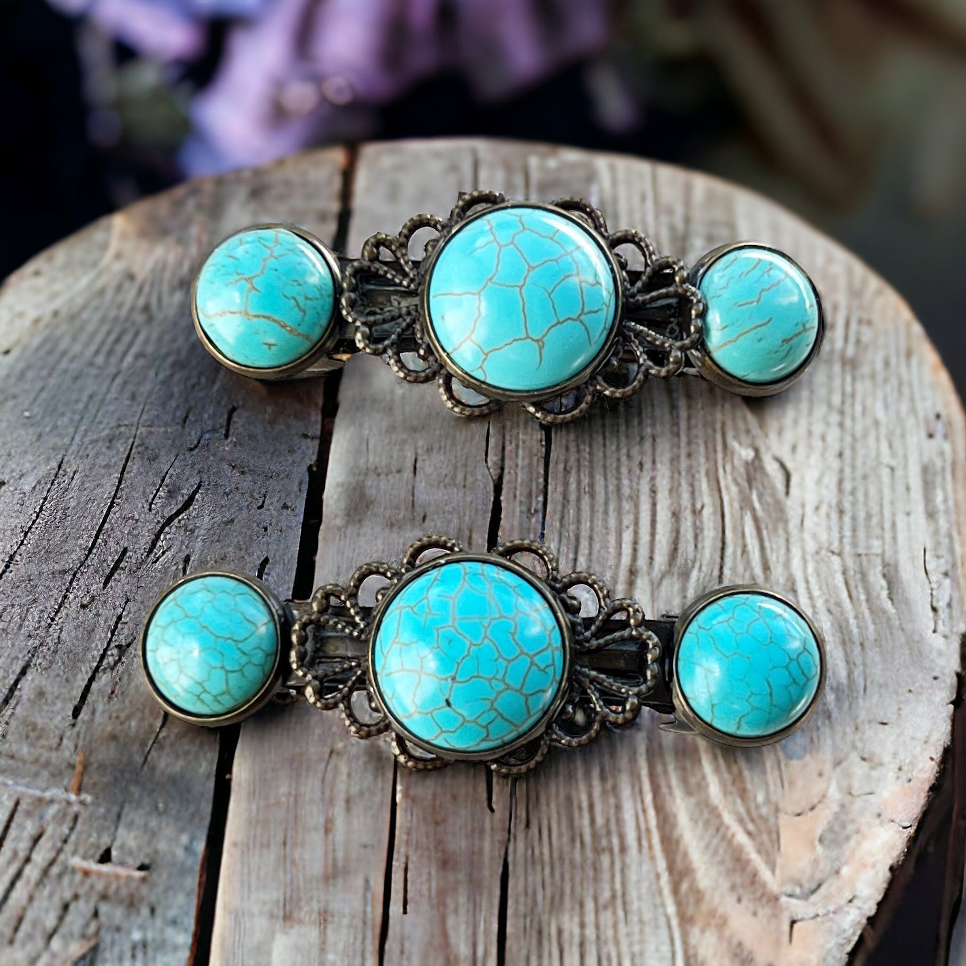 Turquoise Stone Hair Barrettes – Vintage-Inspired Boho Hair Clip Set