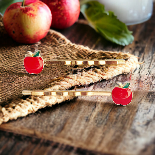 Red Apple Fruit Enamel Bobby Pins - Fun & Whimsical Hair Accessories