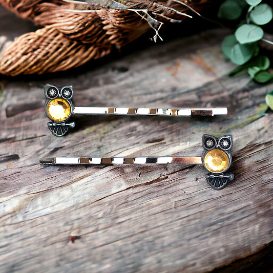 Yellow Rhinestone Owl Bobby Pins: Sparkling Owl Accents for Unique Hairstyles