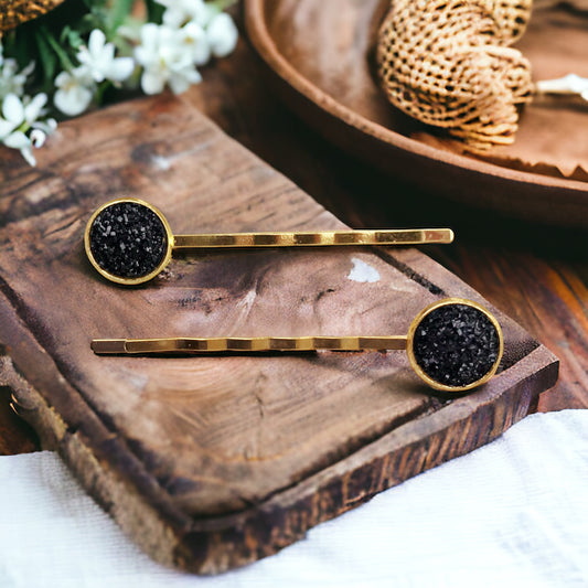 Black & Gold Druzy Hair Pins Set of 2 - Elegant & Versatile Hair Accessories